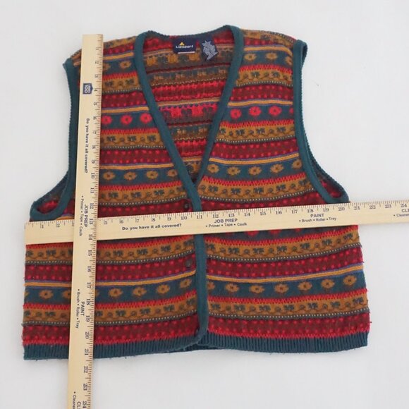 Vintage Lizsport Red Teal Southwestern Geometric Striped Knit Sweater Vest L - Picture 3 of 9